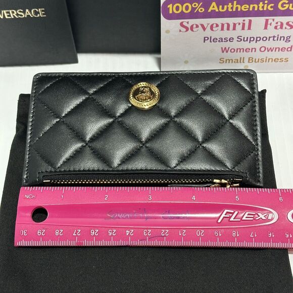 Versace Medusa Card Case Holder Wallet Black Quilted Leather Top Zip NIB - Picture 9 of 10